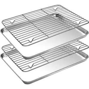 Baking Sheet with Cooling Rack Set, 2 Small Nonstick Stainless Steel Cookie Sheets and 2 Baking Racks, 10.39 x 8.07 x 1 Inch Easy Clean Baking Pan Set for Cookies, Roasting and Oven Cooking