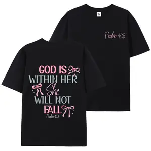 Unisex Graphic Short-Sleeve Round Neck T-Shirt - Dual-Sided Inspirational Design "GOD IS WITHIN HER SHE WILL NOT FALL" & Psalm 46:5, Retro Vintage Loose Fit Fashion Streetwear Top, Spring Summer Casual Sport & Outdoor Wear