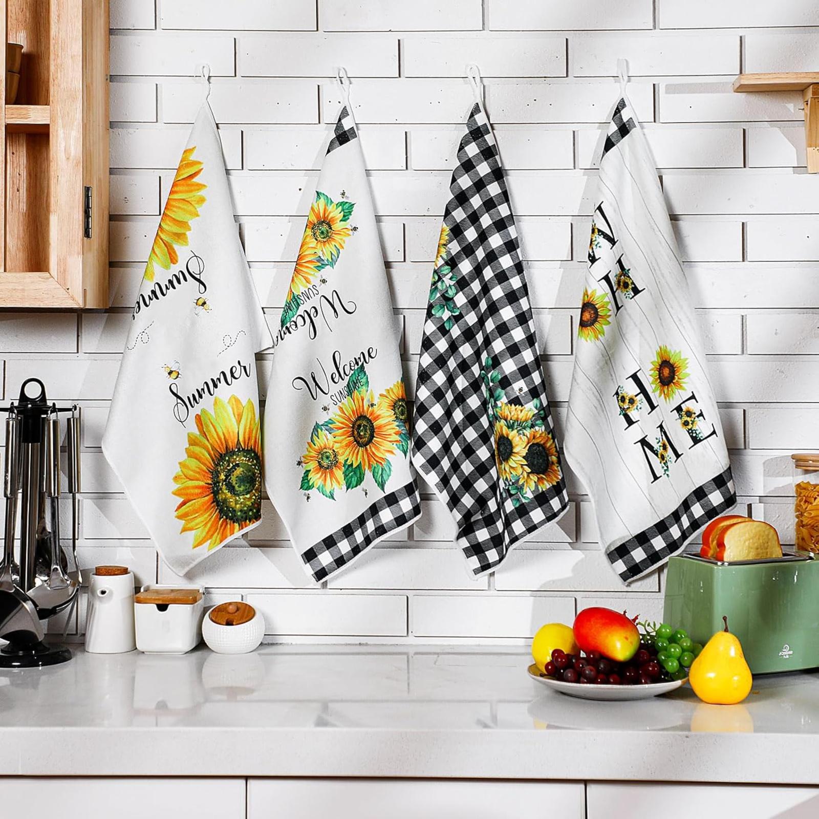 Sunflower Kitchen Towels 4 Pcs Spring Summer Gifts Absorbent Sunshine Yellow Grid Fast Drying Decor Housewarming Gift for Cooking Bathroom Kitchen Decor