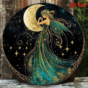 20/30cm 2D Flat Round Moon Fairy Metal Sign – Vintage Celestial Goddess Wall Decor, Starry Night Art Plaque for Bedroom, Living Room, Cafe, Bar