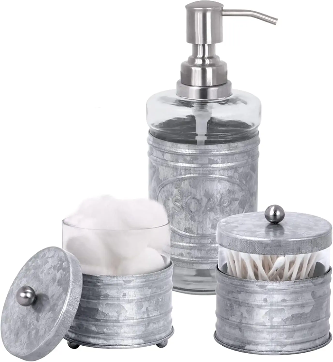 Vintage 3-Piece Modern Farmhouse Bathroom Accessory Set for Sink/Vanity - Galvanized Soap Dispenser, Cotton Ball Container with Lid, Qtip Organizer