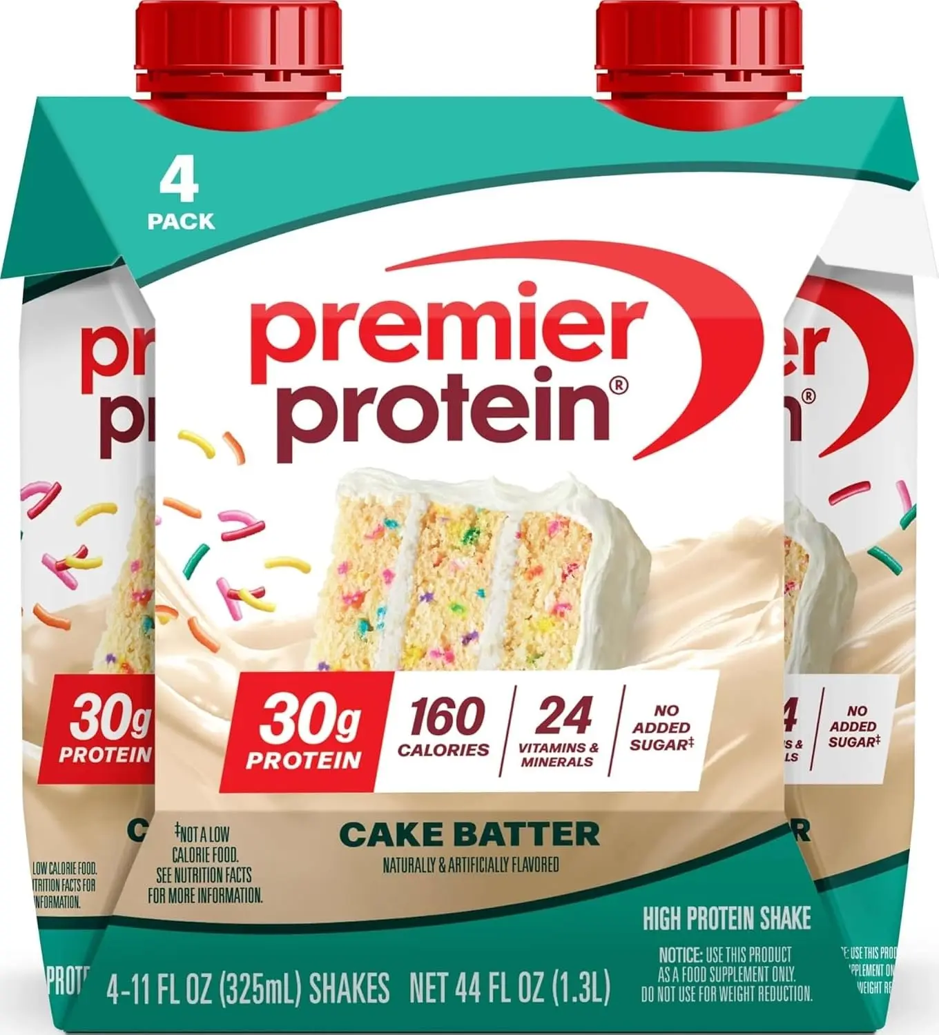 Premier Protein 30g High Protein Shake, Cake Batter, 4 Pack | 160 Calories, 24 Vitamins & Minerals, No Added Sugar, Supports Muscle Health, Gluten-Free, 11 oz