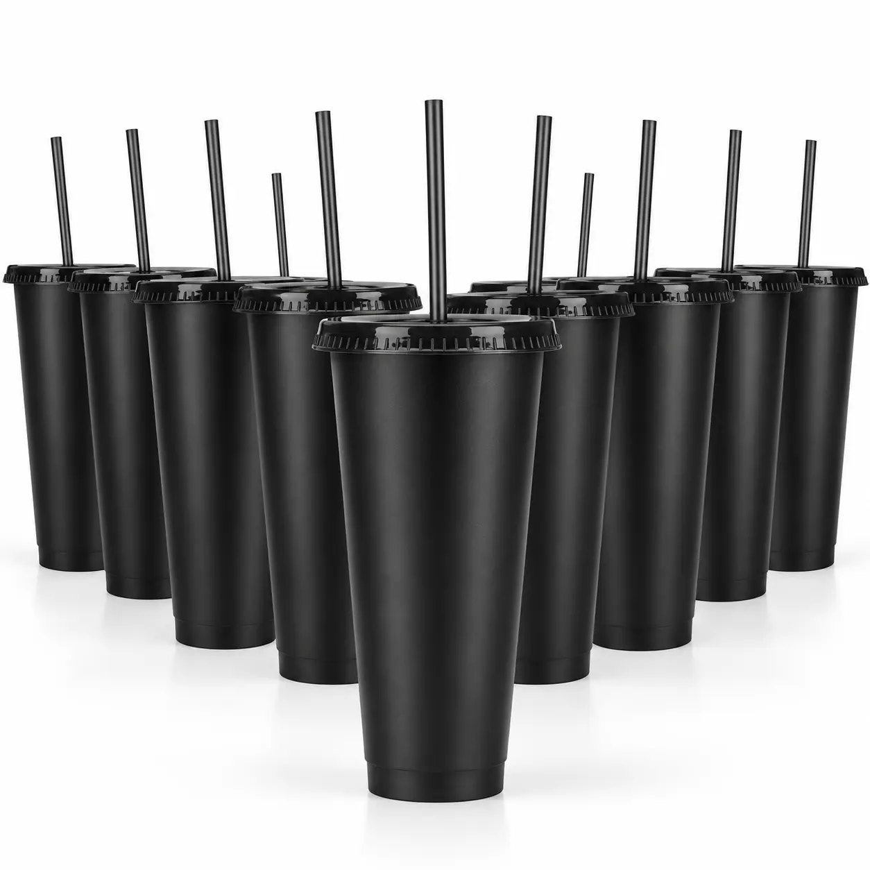 24-Pack 24 oz Matte Black Reusable Plastic Cups with Lids and Straws, Cold Drink Tumblers for Parties, Ice Coffee, Camping, Smoothies, Everyday Use