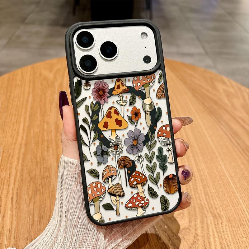 Mushroom & Wildflower Print Phone Case  Add A Touch Of Forest Charm & Playful Warmth To Your Daily Device Featuring Built-In Strong Magnet Ring Blending Smooth Macaron Texture With Secure Magsafe Compatibility For iPhone 17 16 15 14 13 12 11 X XS