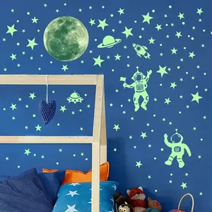 Glow in the Dark Stars & Planets Wall Decals – Solar System, Galaxy, Astronaut, Rocket Space Decor for Kids’ Bedroom