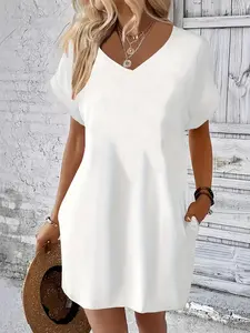 Women's Plain V Neck Tee Dress, Casual Short Sleeve Dress for Summer, Ladies Clothes for Daily Wear