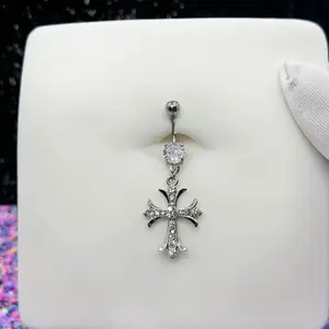 Surgical Steel 14G10mm Bar Cross Belly Ring with Surgical Steel Design