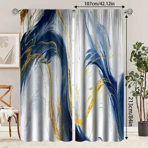 2-piece set of abstract art curtains with blue and gold patterns, pole bag design, machine washable polyester material, suitable for bedroom, living room, dining room decoration, year-round room decoration