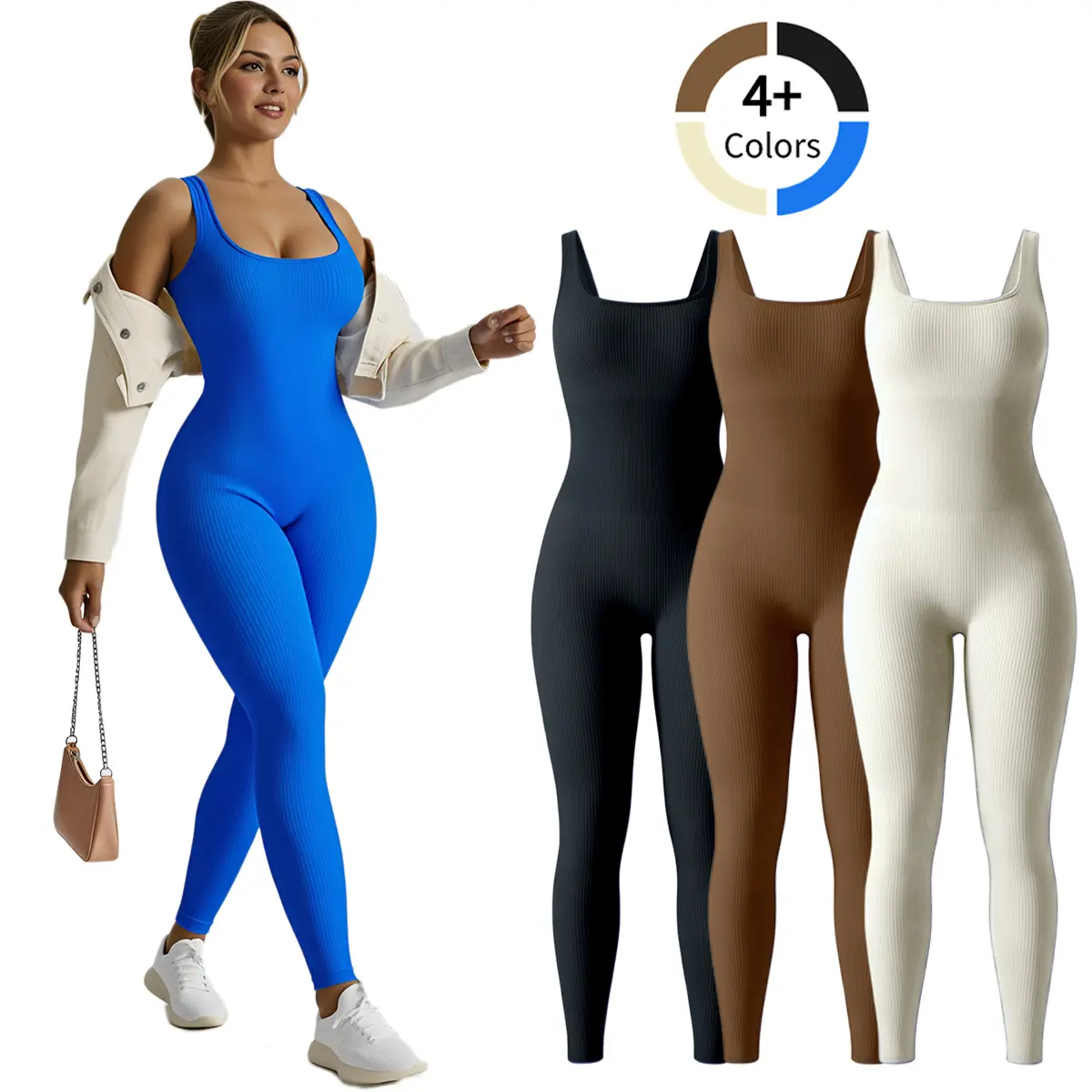 Women's Workout Jumpsuit - Sleeveless Square Neck Fitted Fitness Outfit, Stretchy Ribbed Nylon Blend for Yoga & Gym, Sporty Jumpsuit, Athletic Style Activewear, Slim Fit, Athletic Jumpsuits, Square Neckline Jumpsuit