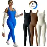 Women's Ribbed Sleeveless Square Neck Skinny Fit Jumpsuit - 90% Nylon Stretch for Easy Movement, Cotton Blend, Subtle Dimension, Sporty Chic Gym Clothes Women, Built for Yoga, Pilates, and Running,sohochic