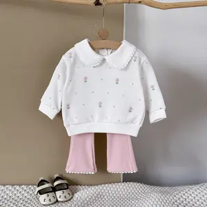 Two-piece Spring/Autumn Set Beautiful Floral Embroidery Peter Pan Collar Sweater + Pink Comfy Pants - Sweet & Soft Baby/Toddler Outfits