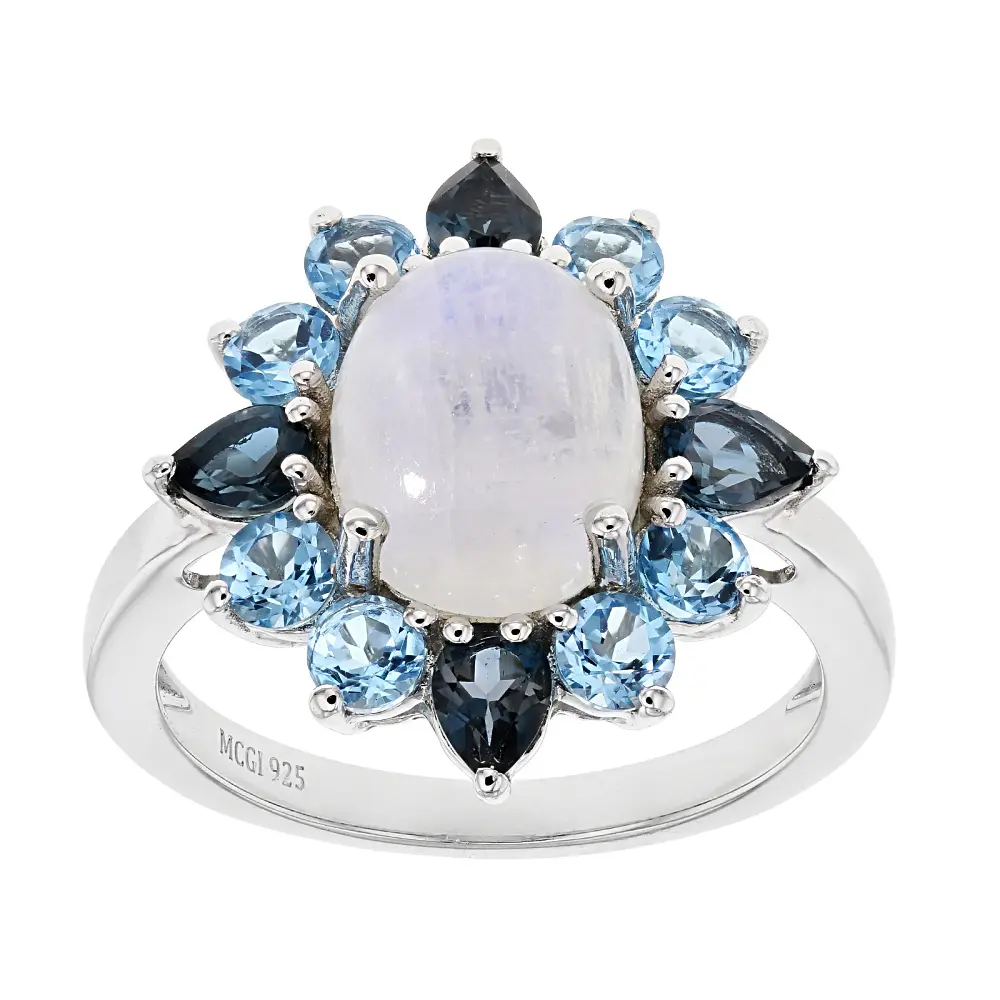 JTV Blue Rainbow Moonstone Rhodium Over Sterling Silver Ring 1.59ctw