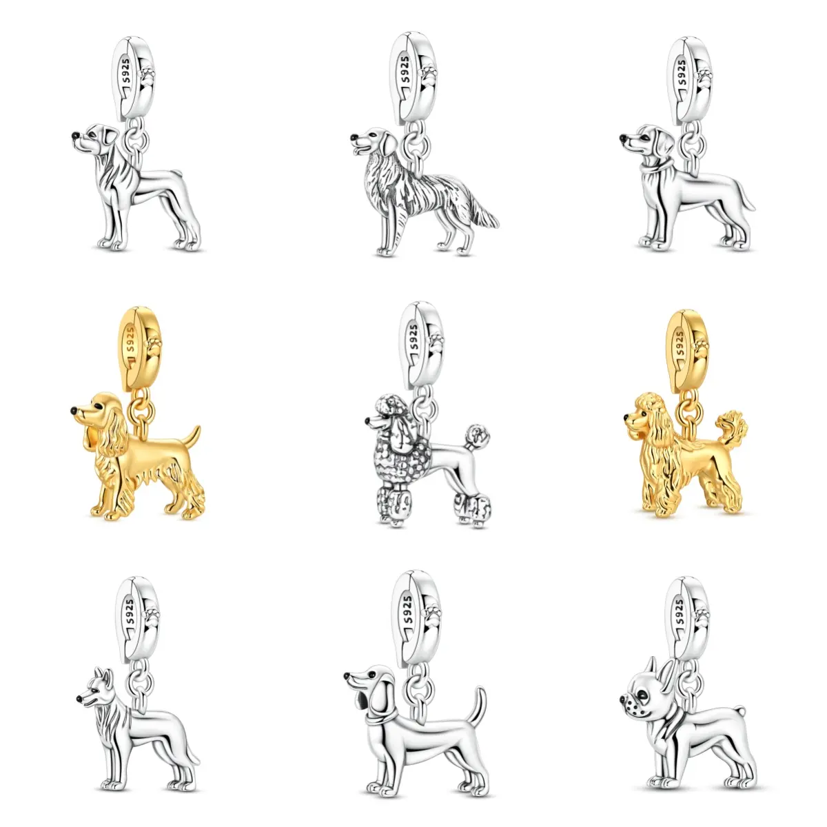MULA 925 Silver-plated Dog Pendant – French Bulldog, Dachshund, Poodle, Golden Retriever, German Shepherd, etc., 14K gold-plated pet commemorative jewelry, a gift for dog lovers, compatible with Pandora bracelets., Adorable Pendant