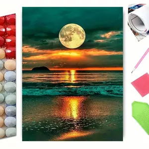 5D Diamond Painting Kit - Full Moon Over Teal Ocean at Sunset | Full Drill DIY Art for Serene Coastal Home Decor, Perfect for Meditation, Beach Lovers & Relaxation | Craft a Mesmerizing, Tranquil Scene to Unwind & Cherish, Handicraft