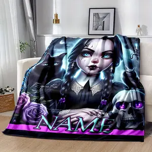Wednesday Addams Family Custom Name Blanket - 3D Printed Gothic Design with Skulls, Roses & Bats, Soft Flannel All-Season Throw for Car, Camping, Bed, Sofa - Personalized Gift for Fans, Blanket