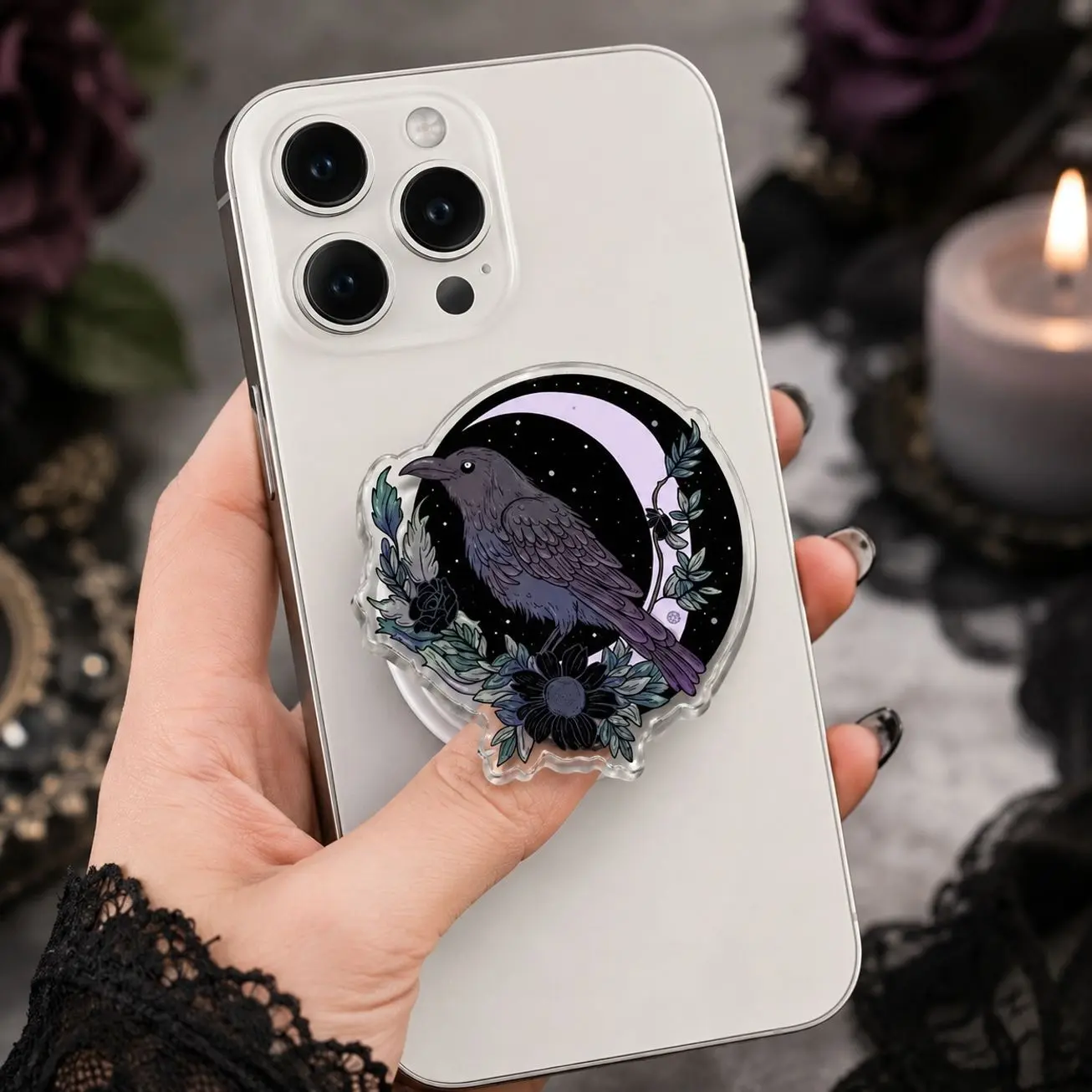 Moon and Crow Heart MagSafe Phone Grip, Mystical Raven & Crescent Moon Griptok, Gothic Floral Phone Stand, Witchy Aesthetic Accessory Gift