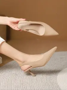 Korean Style Pointed Toe High Heels, Back Strap Single Shoe for Daily Commute, Interview Work, Women's Stylish Minimalist Stilettos, PU Leather, Medium Width