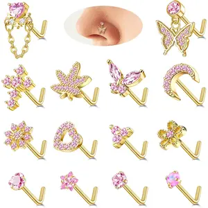 Trendy Summer Nose Rings  for Women Nose Piercings 20G L Shaped Corkscrew Dangle Nose Rings Studs Simulated Diamond Pink CZ Opal Dangling Dangly Hanging Nose Piercing Jewelry with Heart Star Butterfly Flower Cross Moon Charm Cute Dainty Nose Jewelry