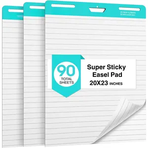 Lined Sticky Easel Pad, 20 * 23 inch,Self-Stick Flip Chart Paper, Super Adhesive & Bleed-Resistant,-Perforated ,Classroom Teacher Office Presentation Pads,3 Pads/Pack,90Sheets