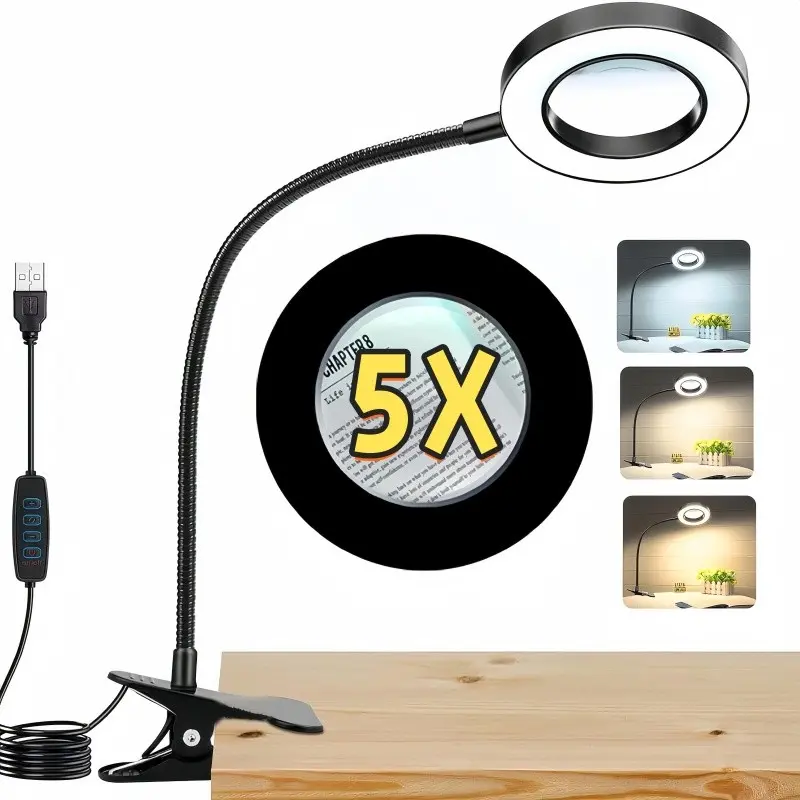 Reading Lamp with Magnifier Clip, 360° Adjustable Gooseneck Light, USB Powered with 3 Lighting Modes, Ideal for Reading and Crafts, Adjustable Desk Light