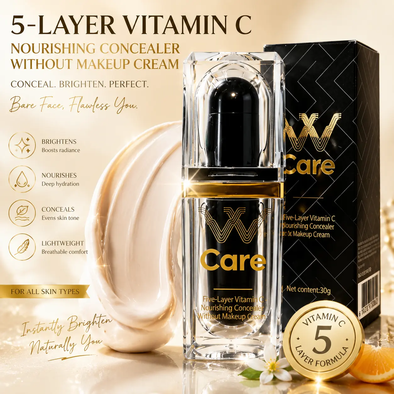 VVCare 5-Layer Vitamin C BB Cream Concealer - Lightweight No-Makeup Foundation, Hydrating Hyaluronic Skin Tint with Natural Coverage, Waterproof Brightening Makeup Base for Flawless Glow that Moisturizes, Moisturize