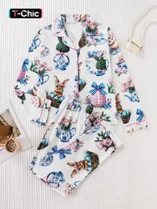 Cute Bunny Print Women's Pajama Set Loungewear, Soft Premium Fabric, Loose Fit Button-Up Long Sleeve Top and Pants, Spring & Fall Sleepwear