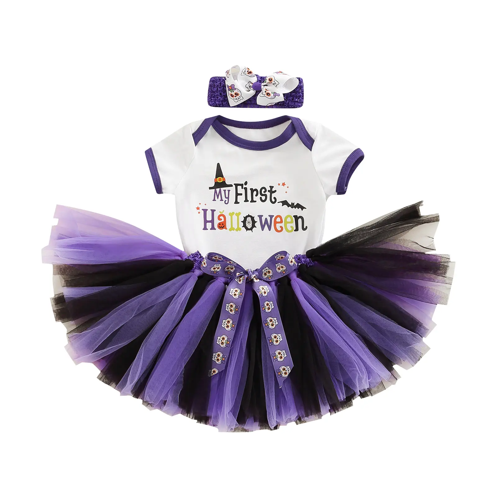 Newborn Infant Baby Girls My First Halloween Outfits Set Letters Printed Romper + Tulle Tutu Skirt + Headband