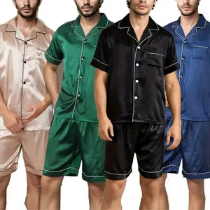 Men's Short Sleeve Soft Satin 2 Piece Pajamas Sleepwear Button Down Pjs Set Classic Loungewear