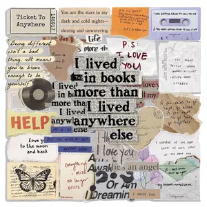 50Pcs Retro English Fragments Transparent Stickers, Simple Slogan Creative Pet Waterproof Desktop Phone Case DIY Stickers