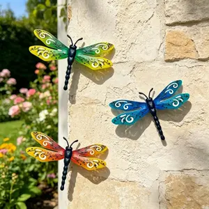 3pcs Vibrant Metal Dragonfly Outdoor Wall Decor, Garden Courtyard Fence Decoration, Wedding Party Gift, Mother's Day Present, Animal Sculpture