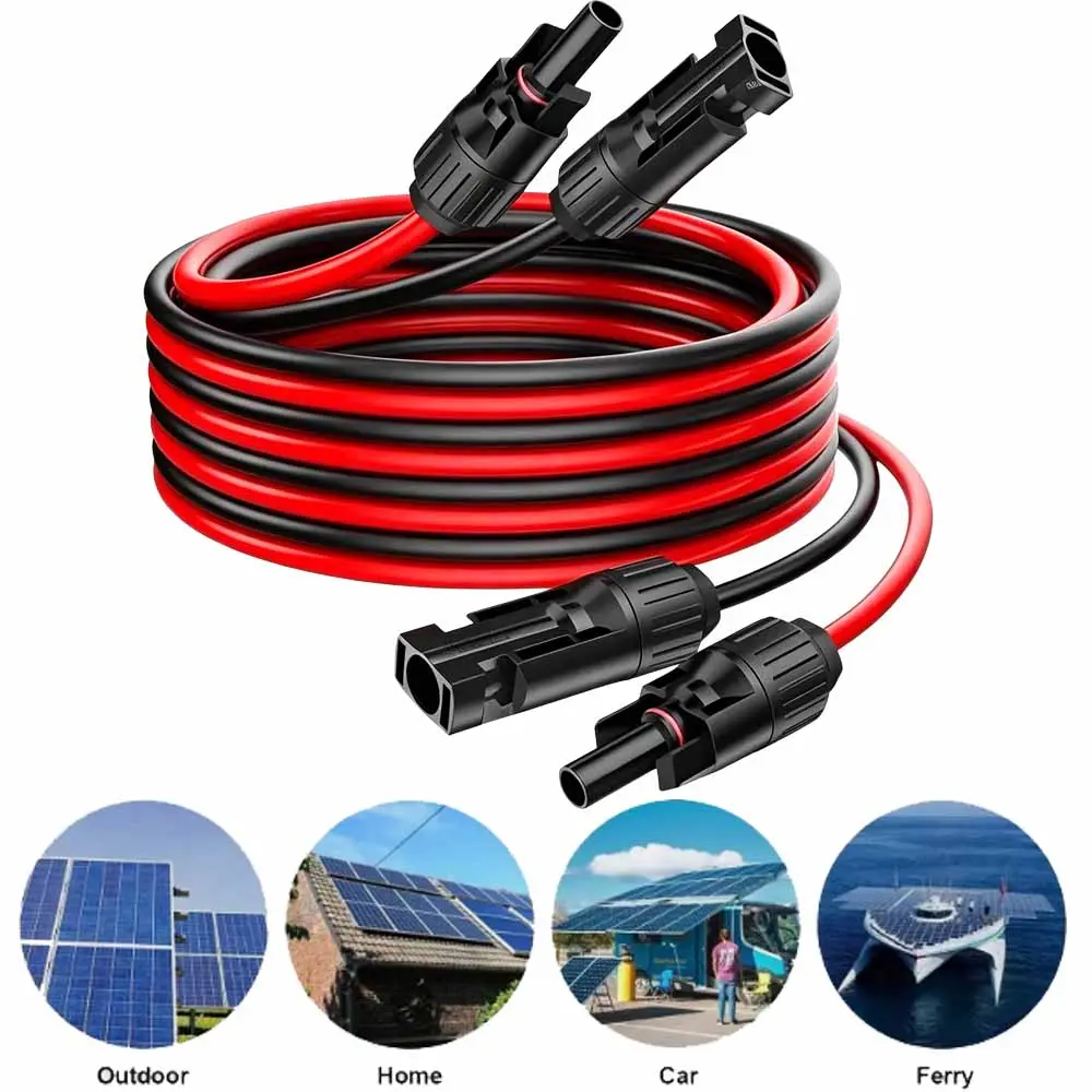 10AWG PV1-F Solar Extension Wire Pair Black Red 6mm², Tinned Copper UV Flame Retardant Solar Cable, -40℃ to 90℃ High Temp Resistant with Solar Connectors for Off-Grid Solar Power Installation