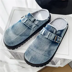 Men’s slip-on commuter clogs/slippers made from washed denim with distressed colorwork