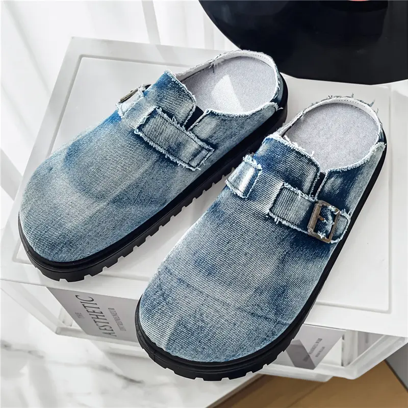 Men’s slip-on commuter clogs/slippers made from washed denim with distressed colorwork
