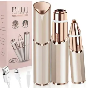 2in1 Rechargeable Eyebrow Trimmer & Facial Hair Remover with LED Light - Painless Precision Shaver for Face, Lips, and Body - Comfort Gold