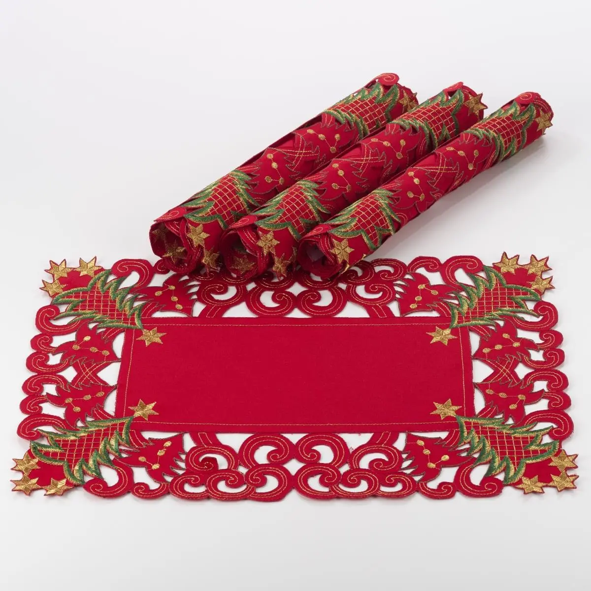 212 MAIN 4-Piece Stylish Red SARO Pandoro Polyester Christmas Tree Pattern Casual Colored Flexible Machine-Washable Kitchen Placemats & Coasters, Casual Placemats & Coasters, Christmas Tree Pattern Placemats & Coasters