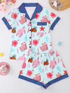 Women's Summer Cool Short Sleeve Sleepwear Set, 2 Piece Button Front Shirt and Elastic Shorts, Casual Sea Turtle Print, All Seasons