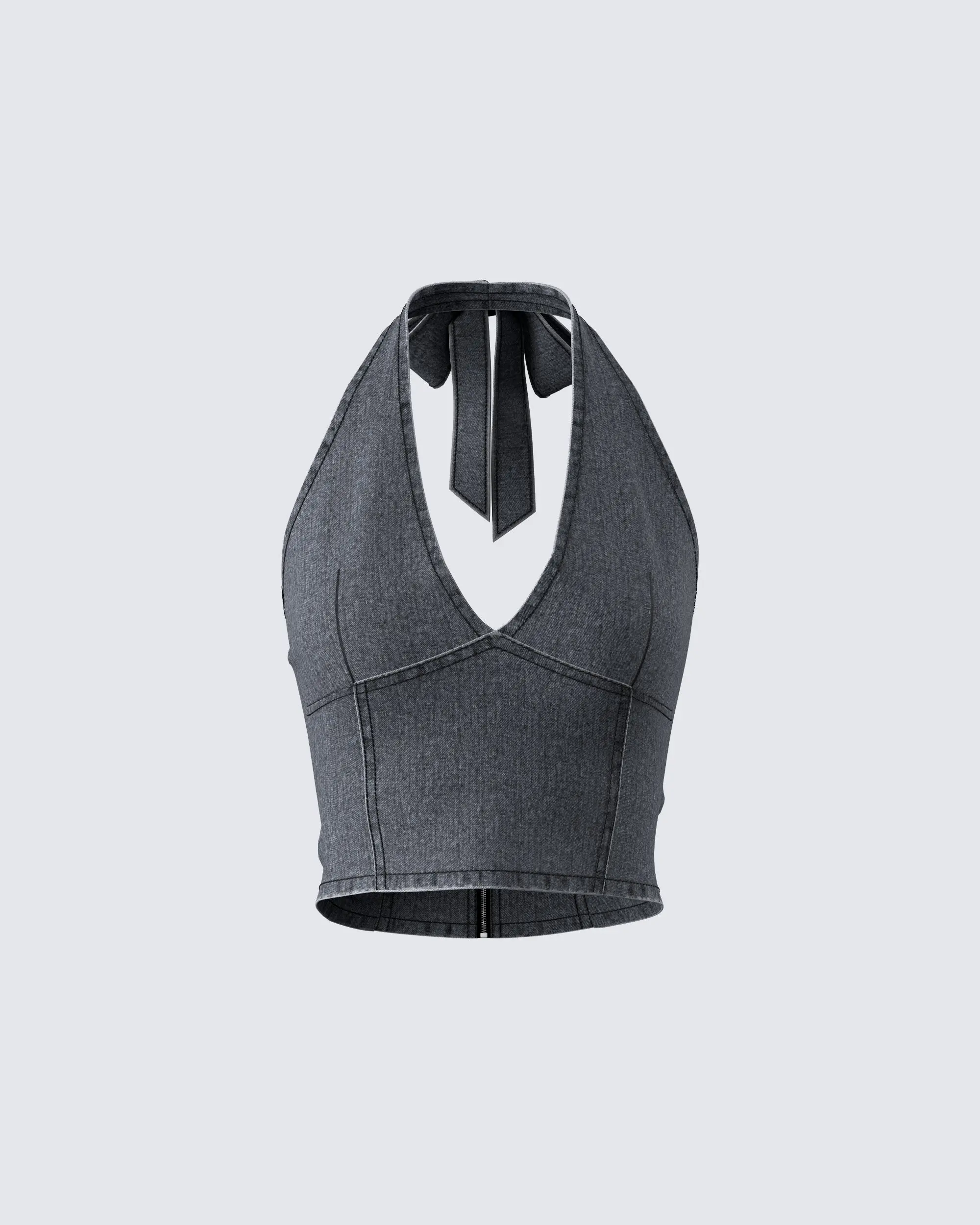 Women's Fitted Black Denim Halter Crop Top with a Plunging V-Neck and Tie Closure, Spandex Stretch Fabric with Contrast Stitching