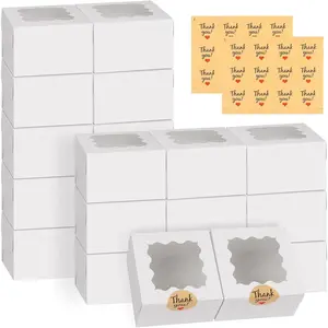 24 count White Cookie Boxes, 4x4x2.5 Inches Bakery Boxes with Window, for Mini Cake  Dessert Pastry Donuts Macaroon Strawberries  Candy (with Stickers)