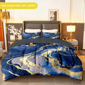 3pcs (1 comforter + 2 pillowcases) Navy Blue & Gold Marble Print Flannel and Milk Velvet Comforter Set, Ultra - Soft and Cozy Bedding Set for Adults, Warm and Trendy Bedding Essentials