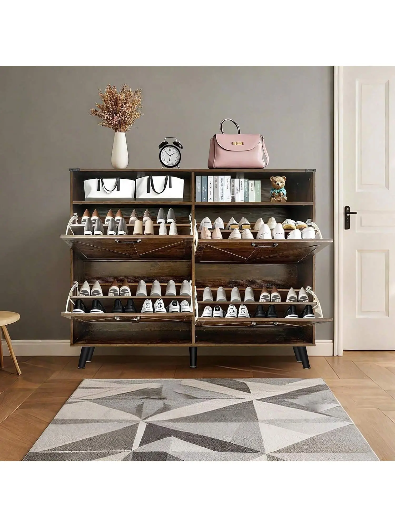 Brown Engineered Wood Farmhouse Multifunctional Organiser Rack - Narrow Single Unit Cabinet with 4 Flip-Up Drawers, 2-Layer Adjustable Shelf, Open Space, Freestanding Wall-Ready Design, 94-in Depth Compartment for Entryway Decor & Shoe Organization, Woode
