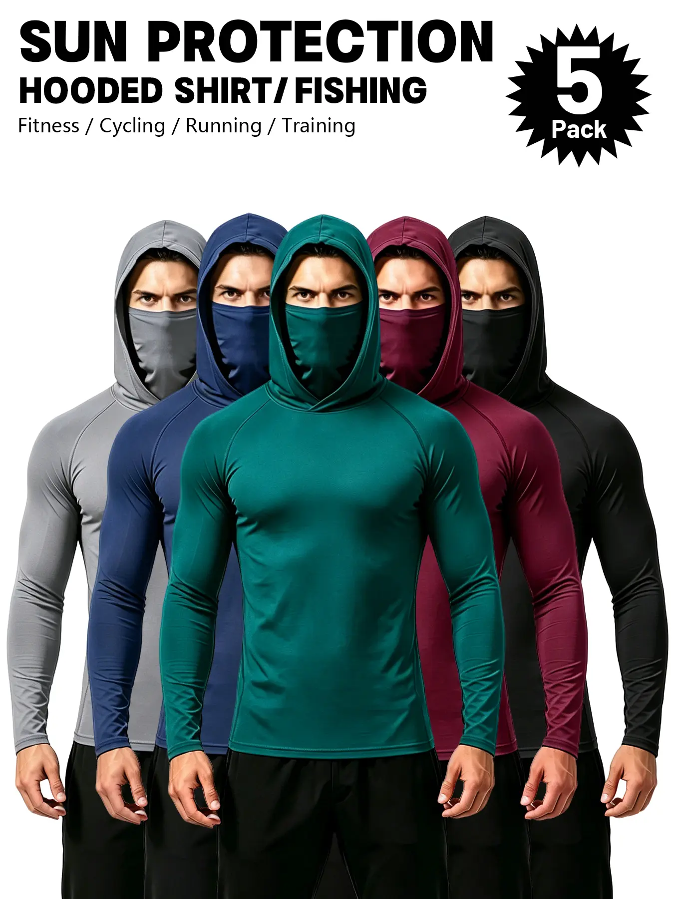 Men's 5-Pack Performance Hoodie Shirt with Built-in Face Mask - Moisture-Wicking Breathable Long Sleeve Sun Protection Athletic Gear for Gym, Running, Fishing & Outdoor Sports,sohochic