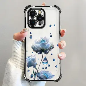For [iPhone 15 Pro Max] luxury women's phone case🥰, electroplated four-corner shockproof protection, crystal clear blue flower with water drop design, sophisticated and eye-catching666