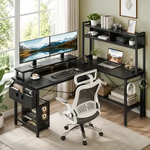 Aheaplus Computer Desk, L-Shaped Gaming Desk with Power Outlets & LED Lights, Small L-Shaped Desk Computer Corner Desk with Monitor Stand & Storage Shelf, Home Office Desk Writing Desk with Storage Bag