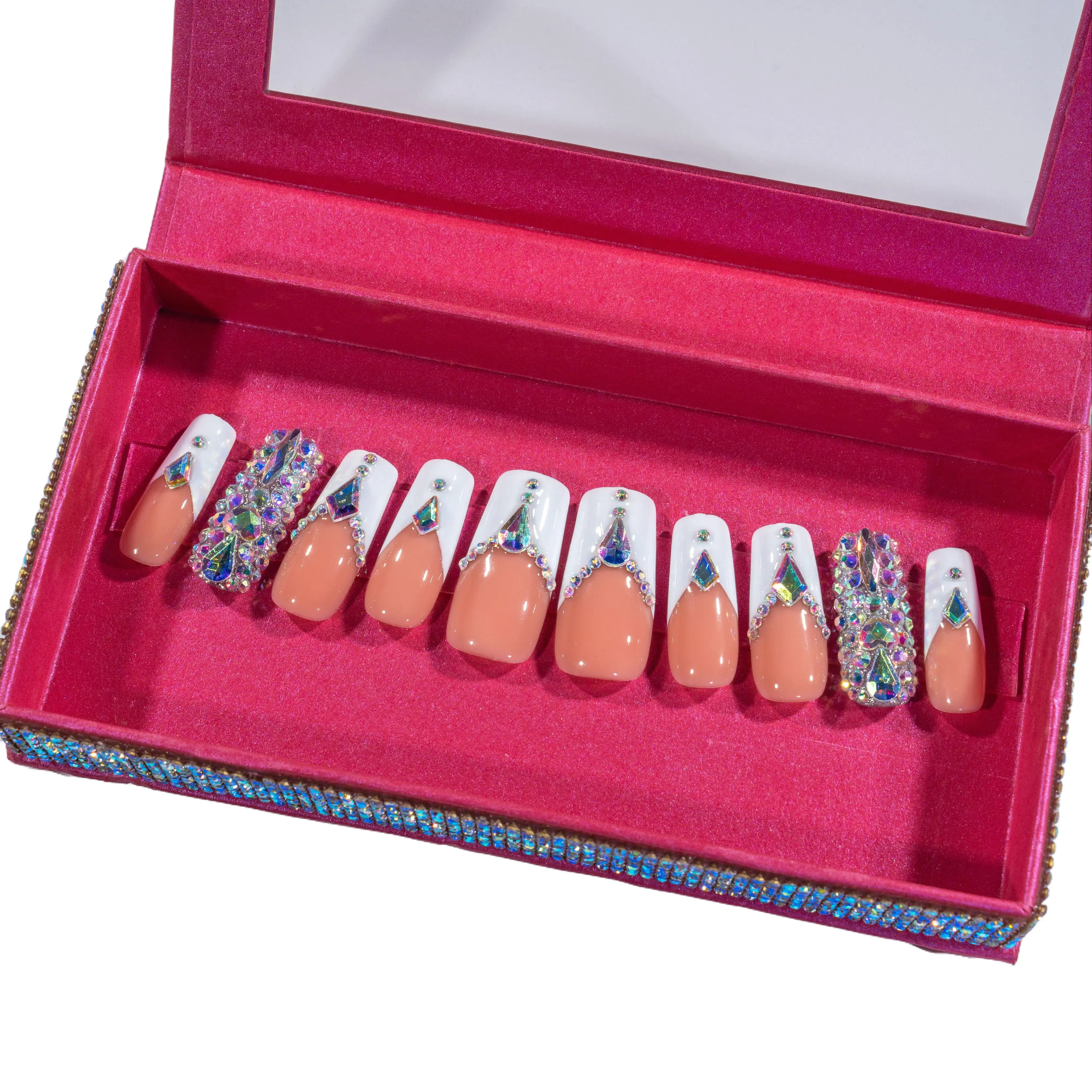 LikeTeTe Handpainted French Tip Square Press-On Nails - Premium Salon Quality, Holiday Glamorous Full Acrylic Fake Nails, Marble Pattern, Custom Sizing Available, Gel-Like Finish for At-Home Use