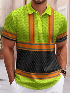Men's neon lime green and fluorescent orange honeycomb shirt - Short-sleeved lime/orange/black/grey contrasting collar and cuff casual sportswear, breathable summer outdoor T-shirt, suitable for beach, parties (machine washable)