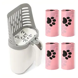 Cat Litter Scoop with Garbage Bag Holder, 1 Count Durable Plastic Pet Litter Scoop with 4 Rolls Garbage Bag, Pet Litter Box Cleaning Tool Litterbox