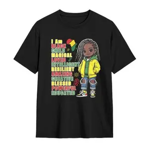 Juneteenth women’s “Black Girl Magic” positive affirmation T-shirt for kids, short-sleeve tee celebrating African American heritage, inspirational graphic casual top for girls (Juneteenth colors).