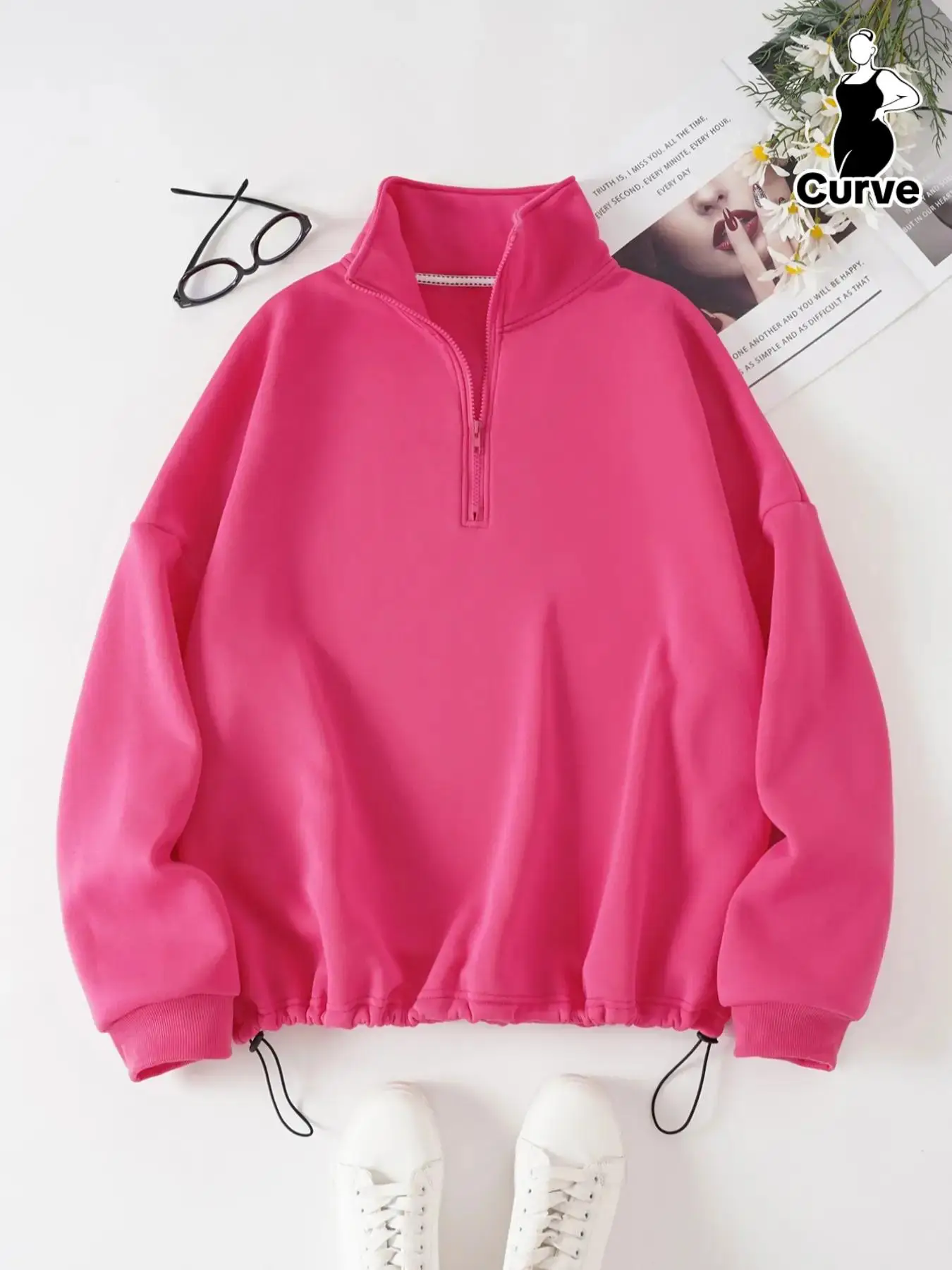 Plus Size Solid Drawstring Zipper Stand Collar Sweatshirt, Casual Long Sleeve Drop Shoulder Top for Fall & Winter, Women's Clothes for Daily Wear