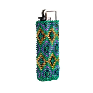 Diamond Crest - Beaded Lighter Case with Geometric Gold & Blue Diamond Pattern - Handmade by Mexican Artisans - Mother Sierra