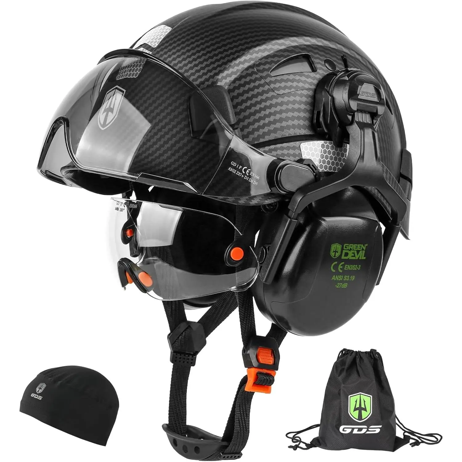 6-in-1 Hard Hat Safety Helmet with Visor and Ear Muffs Vented Work Hardhat Cascos De Construccion for Industrial Construction Forestry Men Women 6 Point Suspension